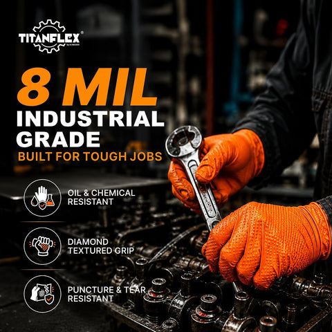 TitanFlex Heavy Duty Industrial Orange Nitrile Gloves, 8-mil, Gloves Disposable Latex Free with Raised Diamond Texture Grip, Powder Free, Rubber Glove, Mechanic Gloves,100-ct Box (Medium)