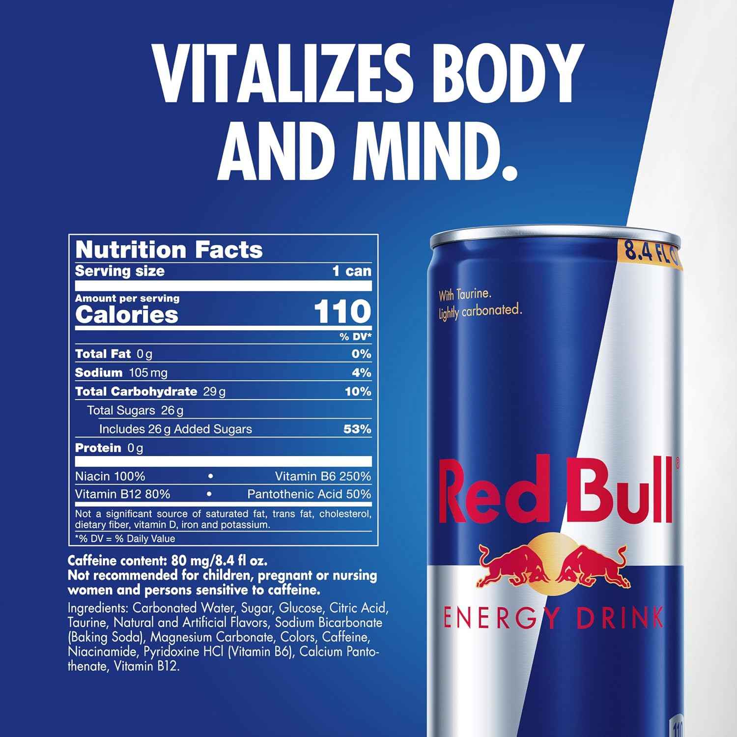 Red Bull Energy Drink | contains caffeine, taurine, B-vitamins, sugar, and water, 8.4 fl oz, pack of 24 cans