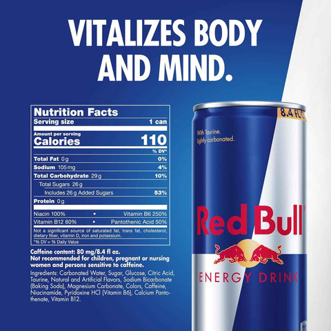 Red Bull Energy Drink | contains caffeine, taurine, B-vitamins, sugar, and water, 8.4 fl oz, pack of 24 cans