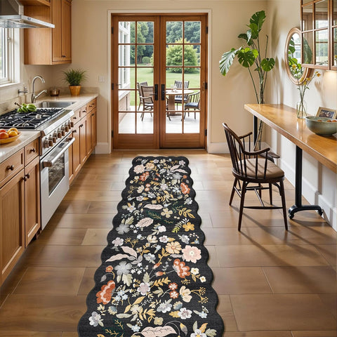 Floral Kitchen Rug Set of 3: Washable Non Slip Kitchen Runenr Rugs Brown