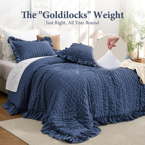 JOLLYVOGUE Oversized Queen Comforter Set, 3 Pieces Navy Blue Seersucker Comforters, Lightweight & Fluffy Bedding Sets for All Season with 1 Ruffle Comforter and 2 Ruffle Pillowshams