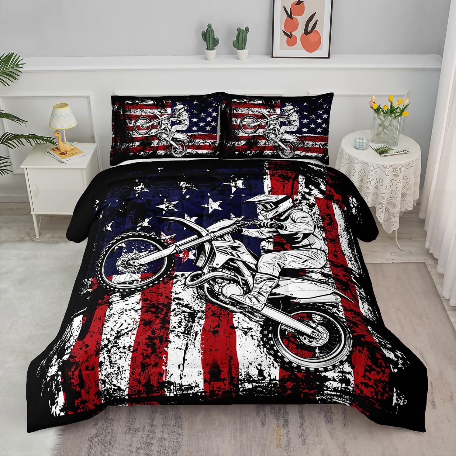 Axolotl Dirt Bike Comforter Set Twin, American Flag Bedding Set, Motocross Comforter,White Red Stripes Stars Bedding, Motorcycle Racer Quilt for Boys Kids Teens Men, 1 Dirt Bike Quilt 2 Pillowcases
