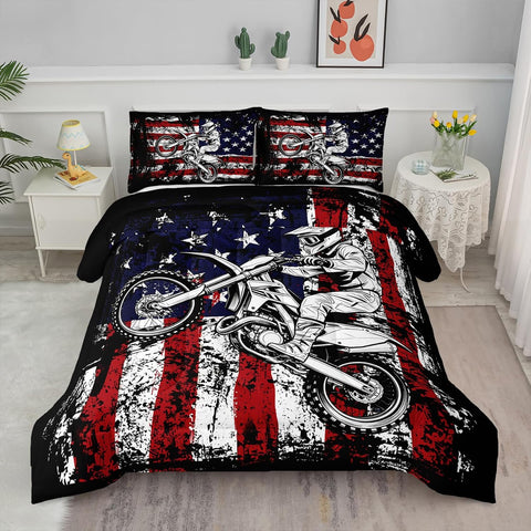 Axolotl Dirt Bike Comforter Set Twin, American Flag Bedding Set, Motocross Comforter,White Red Stripes Stars Bedding, Motorcycle Racer Quilt for Boys Kids Teens Men, 1 Dirt Bike Quilt 2 Pillowcases