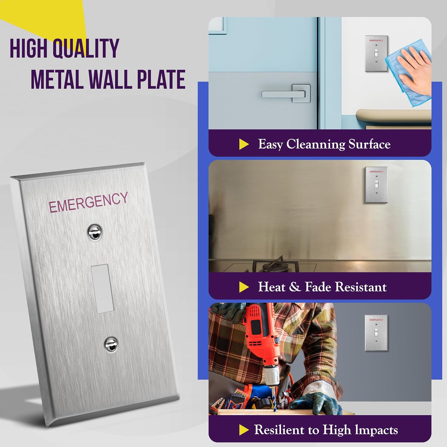ENERLITES Toggle Switch Metal Cover Plate with Emergency Label, Midsize