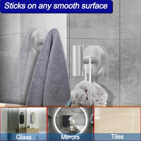 Bntuk Suction Cup Hooks, Shower Hooks for Inside Shower – Removable Towel Hooks for Bathroom Window Glass Mirror Tile, Bath Robe Looafh Hook for Hanging – Waterproof & Rustproof, Silver(2 Pack)