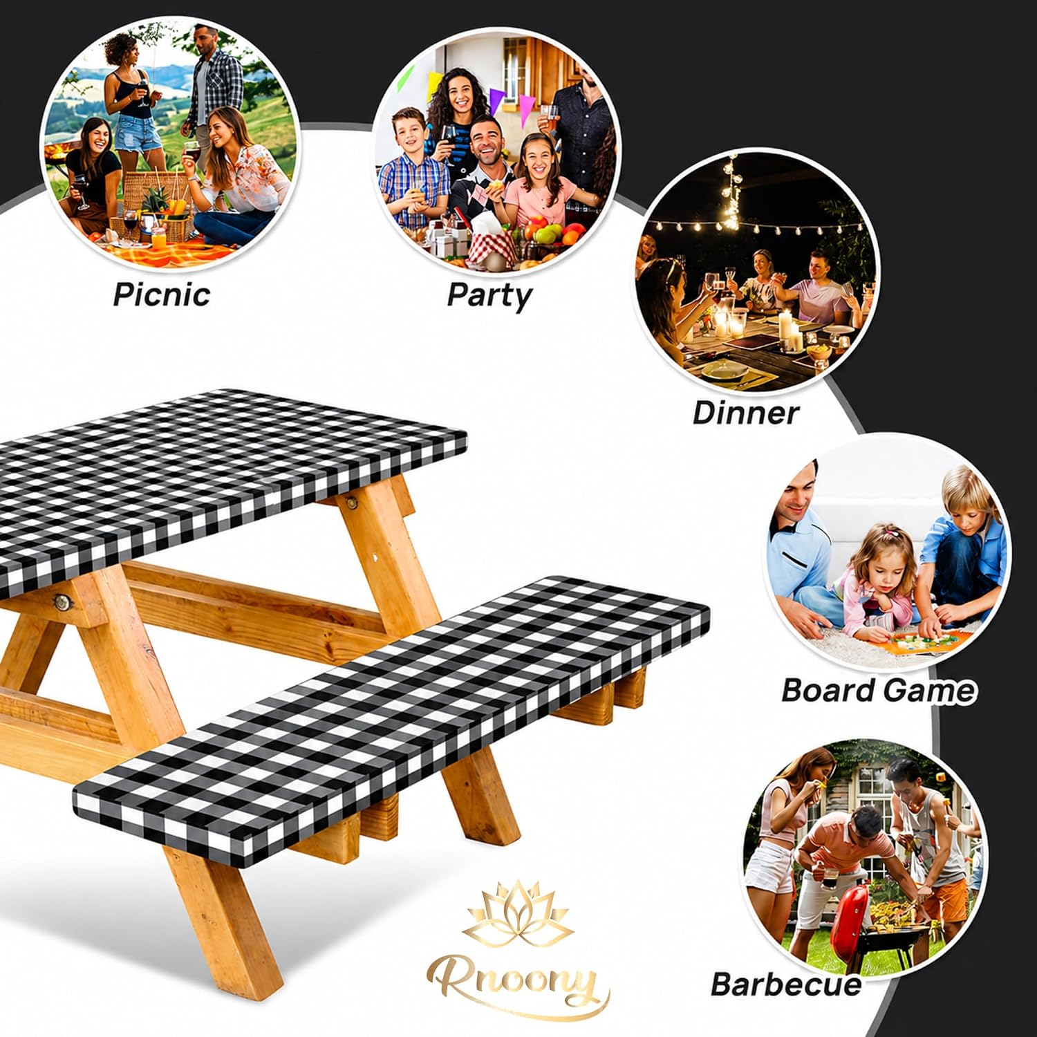 RNOONY Vinyl Fitted Picnic Table Cover with Bench Covers & Bag, 6 FT Outdoor Waterproof & Windproof Durable Tablecloth with Elastic Edges, Camping Essentials, RV Gear, 72x30 Inches - Black Checkered