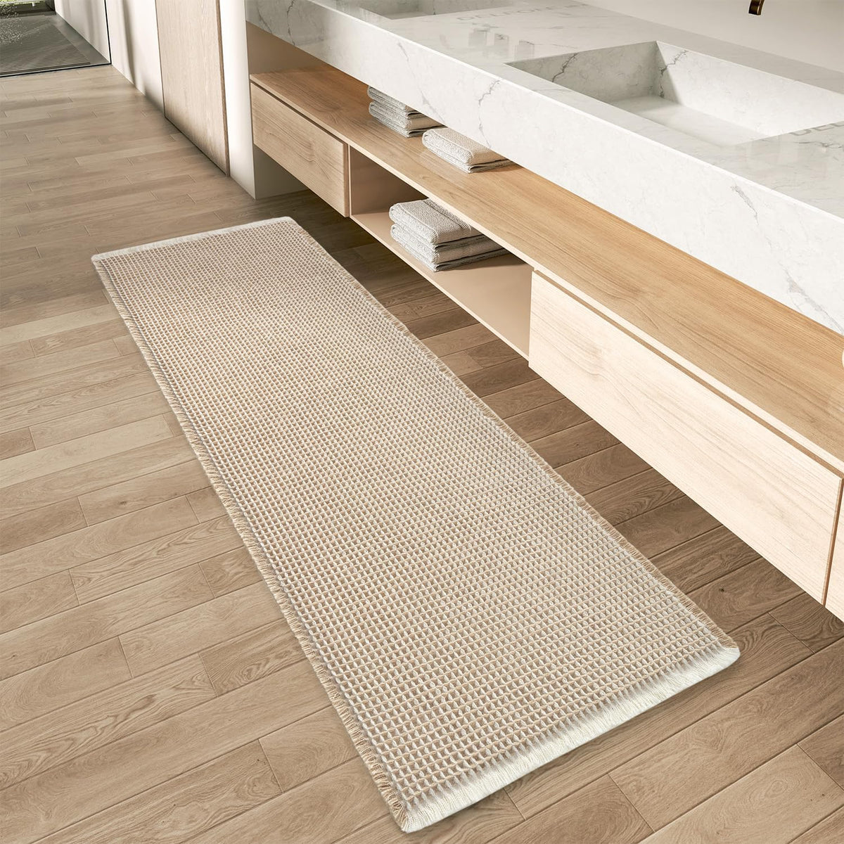 AMOAMI Upgraded Waffle Runner Rug Super Absorbent Non Slip Bath Mats for Bathroom Machine Washable Bathroom Runner Rug with Tassels, Ideal for Hallway Bedroom Laundry Room, 2' x 4', Brown & Cream