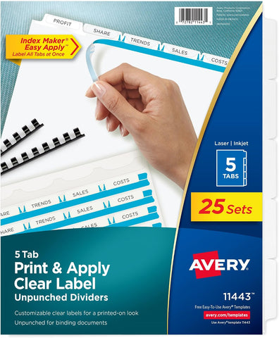 Avery® Index Maker® Clear Label Dividers, 5-Tab, Unpunched, 25 Sets