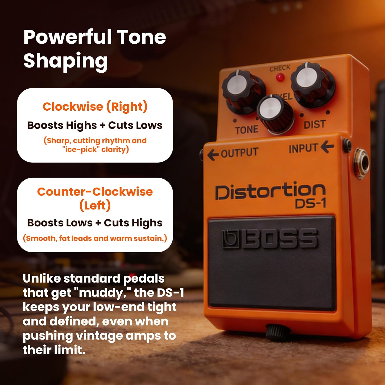Boss DS-1 Distortion Bundle with Gearlux Power Supply, Instrument Cable, Patch Cable, Picks, and Austin Bazaar Polishing Cloth