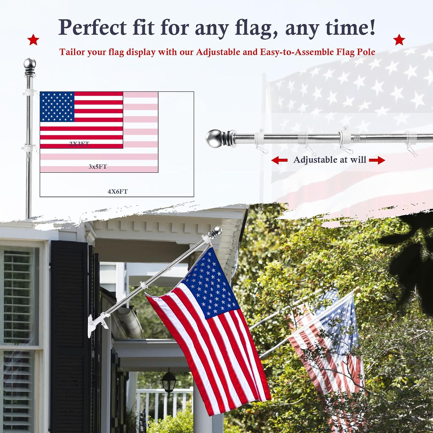 Flag Pole Kit 5ft Flag Pole for Outside House, Flag Poles with Tangle Free Flag Pole Rings for 3x5 American Flag Mounting Bracket Stainless Steel Heavy Duty for Yard Truck Boat(Without Bracket)