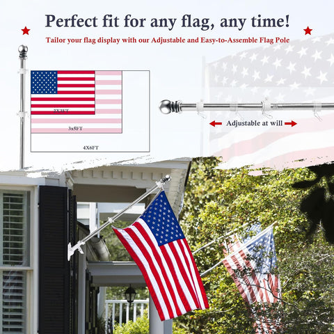 Flag Pole Kit 5ft Flag Pole for Outside House, Flag Poles with Tangle Free Flag Pole Rings for 3x5 American Flag Mounting Bracket Stainless Steel Heavy Duty for Yard Truck Boat(Without Bracket)