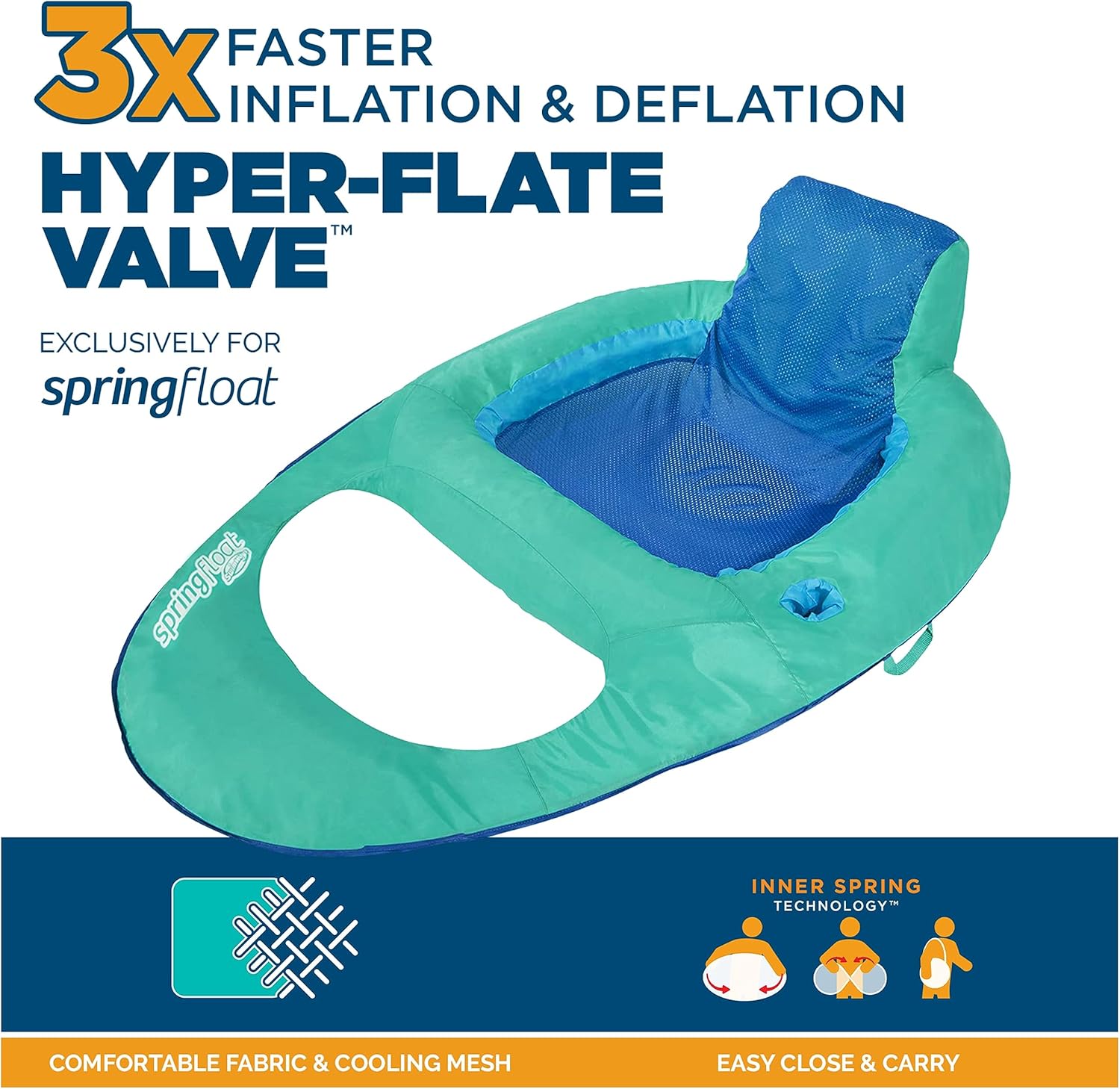 SwimWays Spring Float Recliner Chair for Swimming Pool, Inflatable Pool Floats Adult with Fast Inflation, Cup Holder & Foot Rest for Ages 15 & Up, Aqua