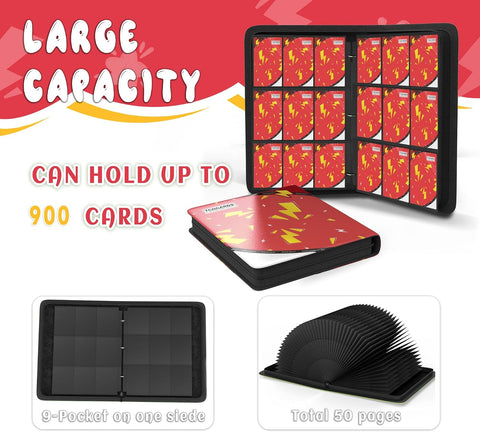 Trading Card Binder 9 Pocket,Card Binder 900 Pockets,Card Book Holder Cards with 50 Removable Sleeves,3-Ring Zip Design MTG/TCG/Sport Collectible Trading Card Albums Gifts for Boys and Girls (Red)