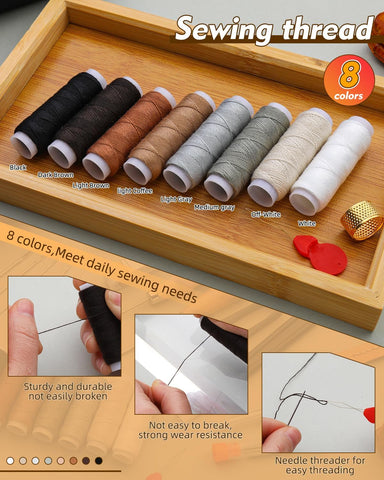 BAGERLA Upholstery Repair Kit, 50 Pcs Heavy Duty Sewing Kit with 8 Colors Thread 32 Pcs Upholstery Needles, Sewing Awls for Hand Stitching Car Sofa Shoe Backpack Craft DIY