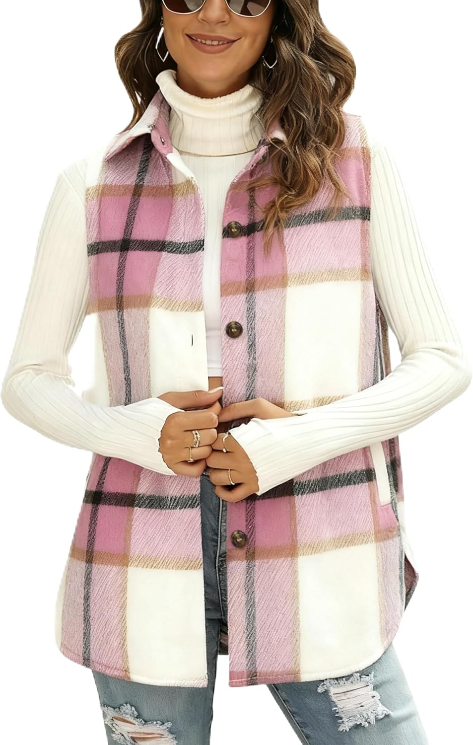 UANEO Womens Fall Flannel Plaid Vest Button Down Sleeveless Shirt Jacket With Pockets