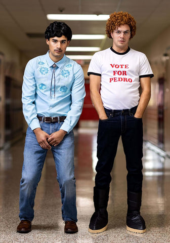 Men's Napoleon Dynamite Pedro Sanchez Halloween Costume | Adult Movie Character Outfit with Blue Shirt, Bolo Tie and Wig