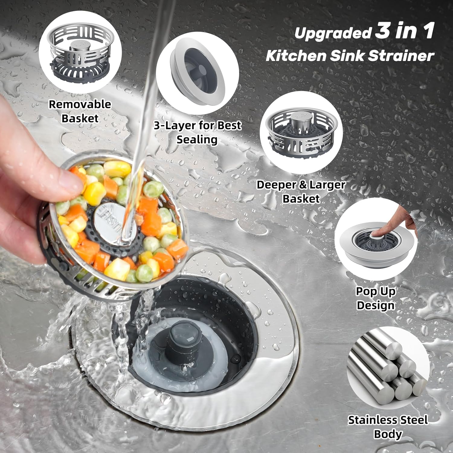 Hibbent 3 in 1 Kitchen Sink Drain Strainer, Metal Pop Up Stopper