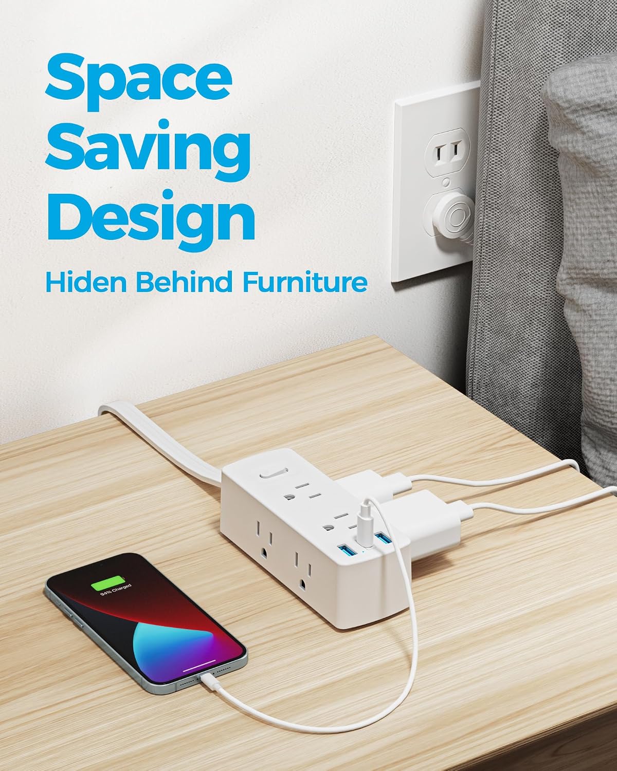 2 Prong Flat Plug Power Strip, Olcorife 2 Prong to 3 Prong Outlet Adapter, 5 FT Flat Extension Cord with 6 Outlets 3 USB Ports(1 USB C), US to Japan Plug Adapter
