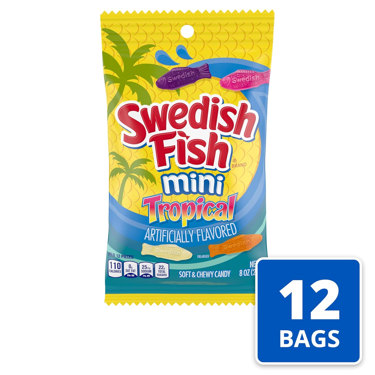 SWEDISH FISH Mini Tropical Soft & Chewy Gummy Candy, Bulk Candy, 12 Bags