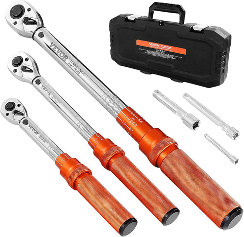 VEVOR 1/4 3/8 1/2 Inch Drive Torque Wrench, 3Pcs Click Torque Wrench Set 20-240IN-LB, 5-45FT-LB, 10-170FT-LB, Dual-Direction Adjustable 72 Tooth for Bicycle, Moto and Car Maintenance