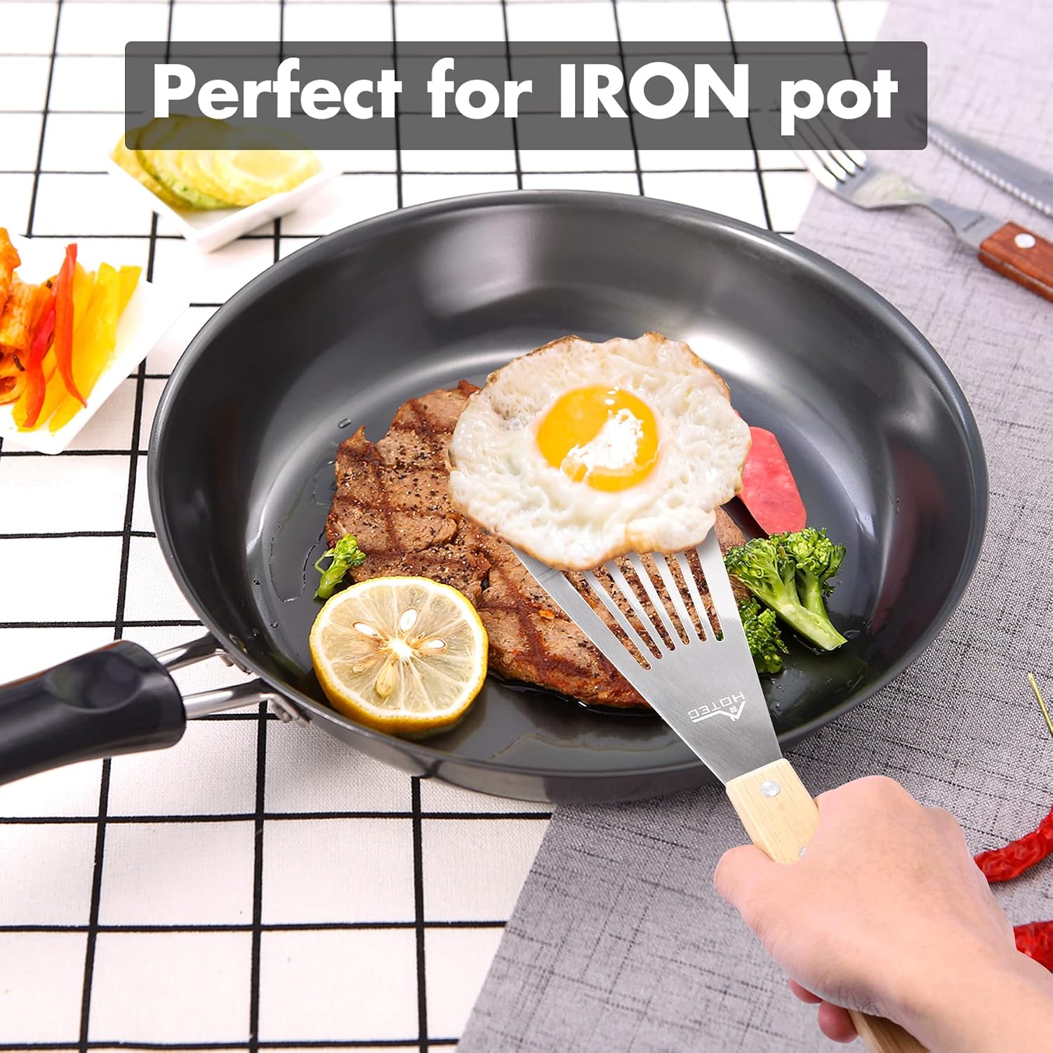 HOTEC 2-Pack Stainless Steel Fish Spatula, Wooden Handle