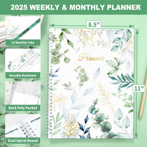 SUNEE 2025 Weekly and Monthly Planner - from January 2025 - December 2025, 8.5"x11" Daily Agenda Planner with Monthly Tab, Flexible Cover, Note Pages, Pockets, Bookmark, Spiral Binding, Eucalyptus