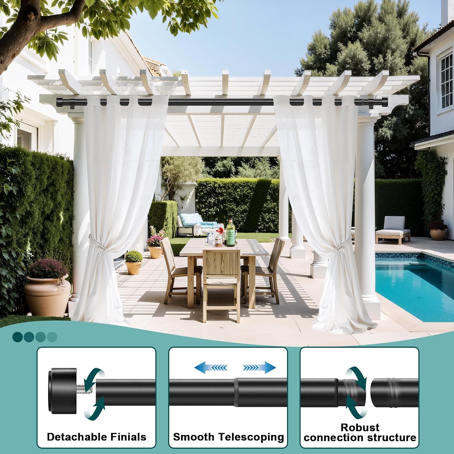 Curtain Rods 18-60 Inch, 1" Heavy Duty Adjustable Curtain Rod for Windows, Black Window Treatment Rod, Modern Design, Easy Installation