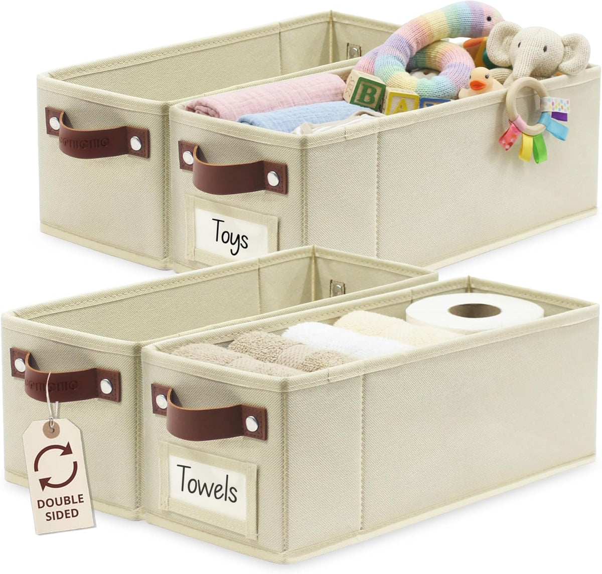 DECOMOMO Narrow Storage Bins, Small Basket with Handles (Beige, 4 Pack)