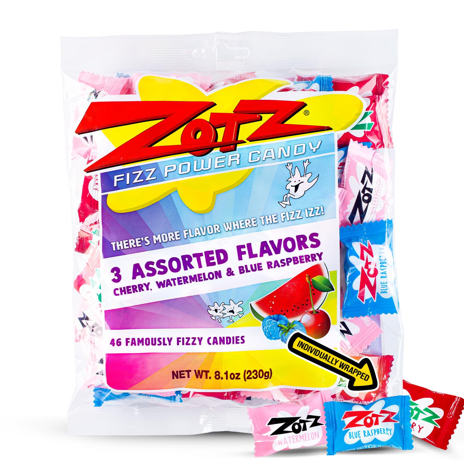 ZOTZ Fizzy Sour Candy Bulk - Retro Italian Hard Candy Individually Wrapped - Classic Nostalgic 3 Assorted Flavors Cherry, Watermelon & Blue Raspberry, 46 pieces Bag for Party Favors, Goodie Bags, Piñata & Candy Buffet
