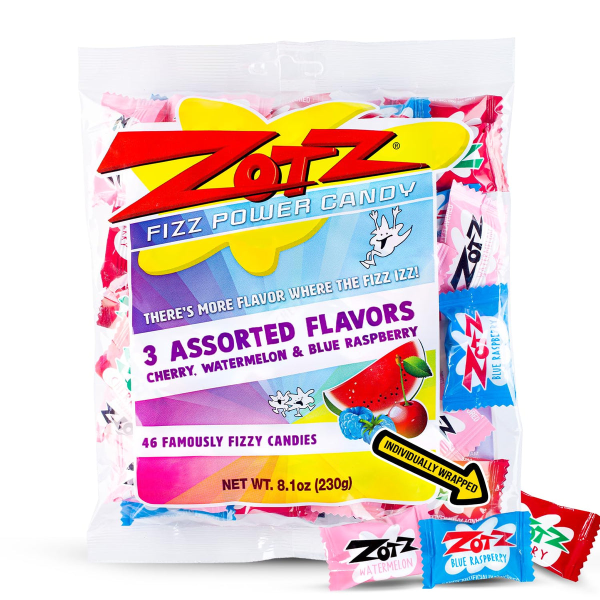 ZOTZ Fizzy Sour Candy Bulk - Retro Italian Hard Candy Individually Wrapped - Classic Nostalgic 3 Assorted Flavors Cherry, Watermelon & Blue Raspberry, 46 pieces Bag for Party Favors, Goodie Bags, Piñata & Candy Buffet