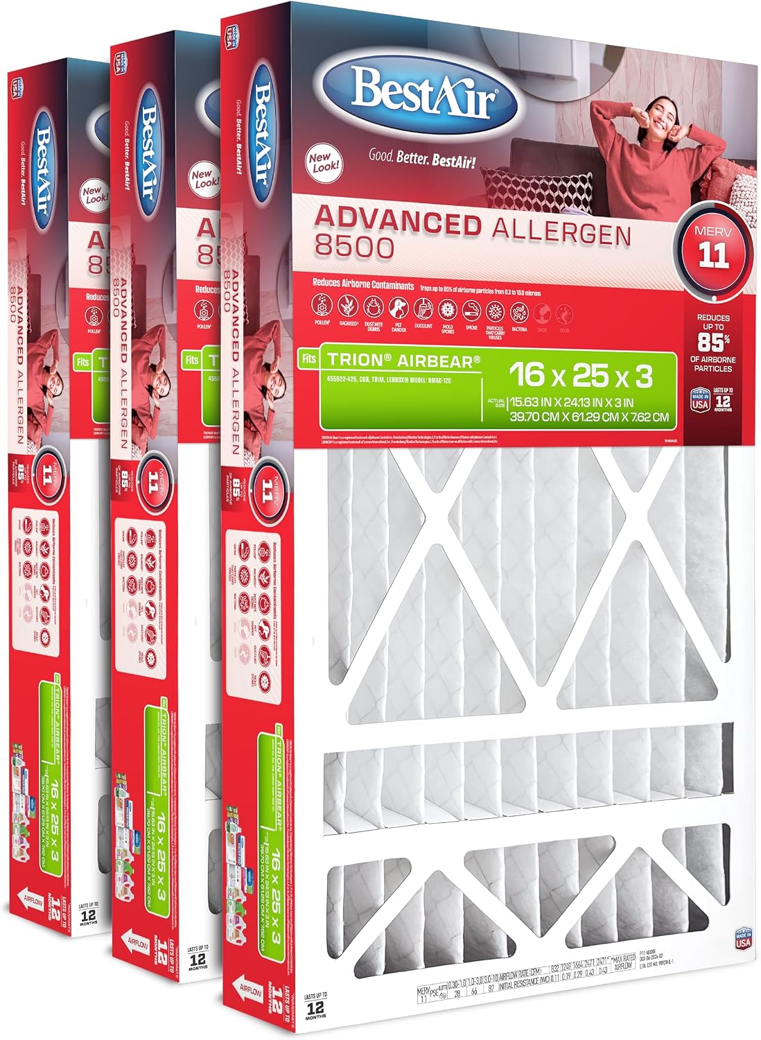 BestAir 16x25x3 Air Filter MERV 11 Advanced Allergen (3-Pack)
