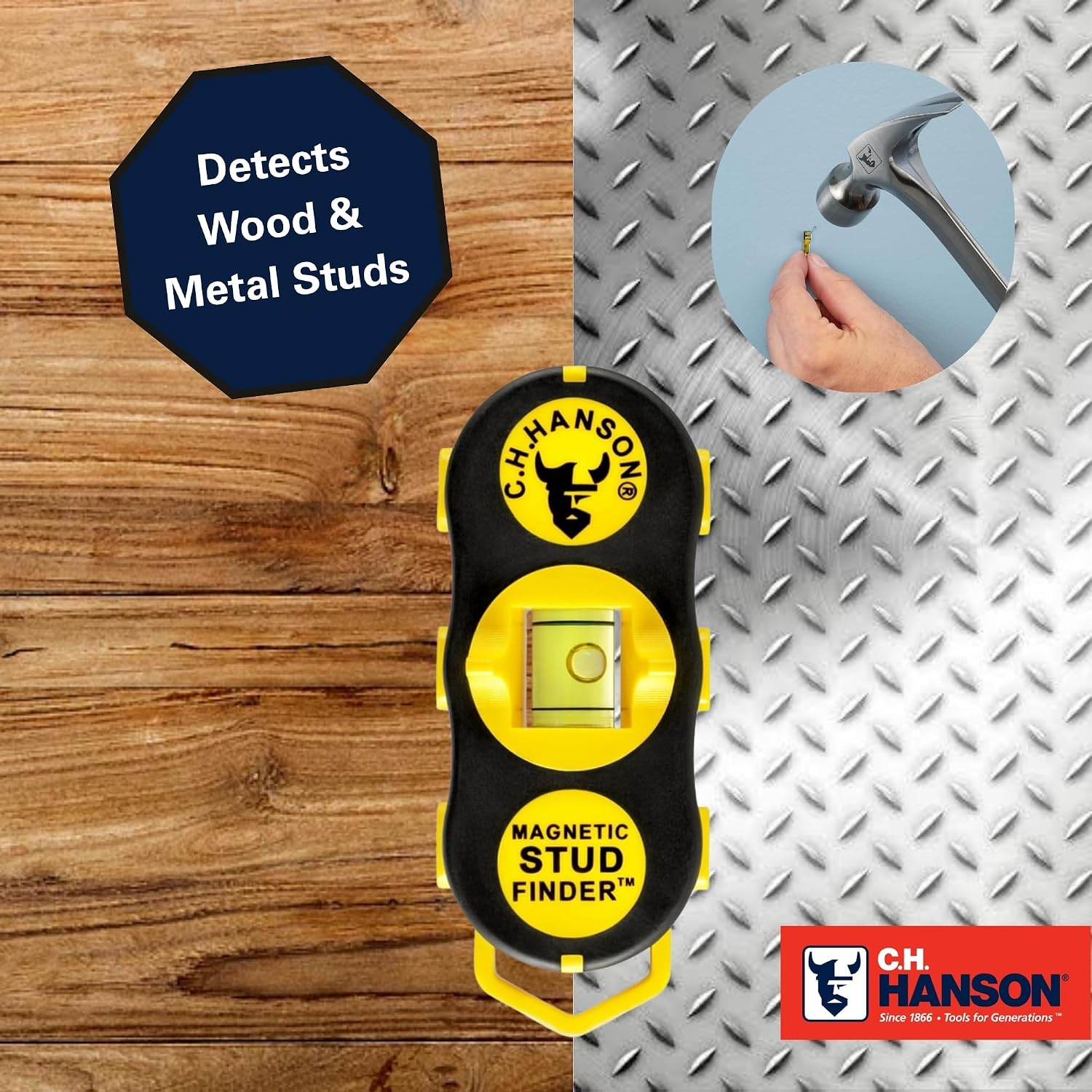 CH Hanson Magnetic Stud Finder | Battery-Free Stud Locator with Rare Earth Magnets | Finds Nails & Screws Behind Drywall | Built-In Level for TV Mounting, Shelves & Home Projects