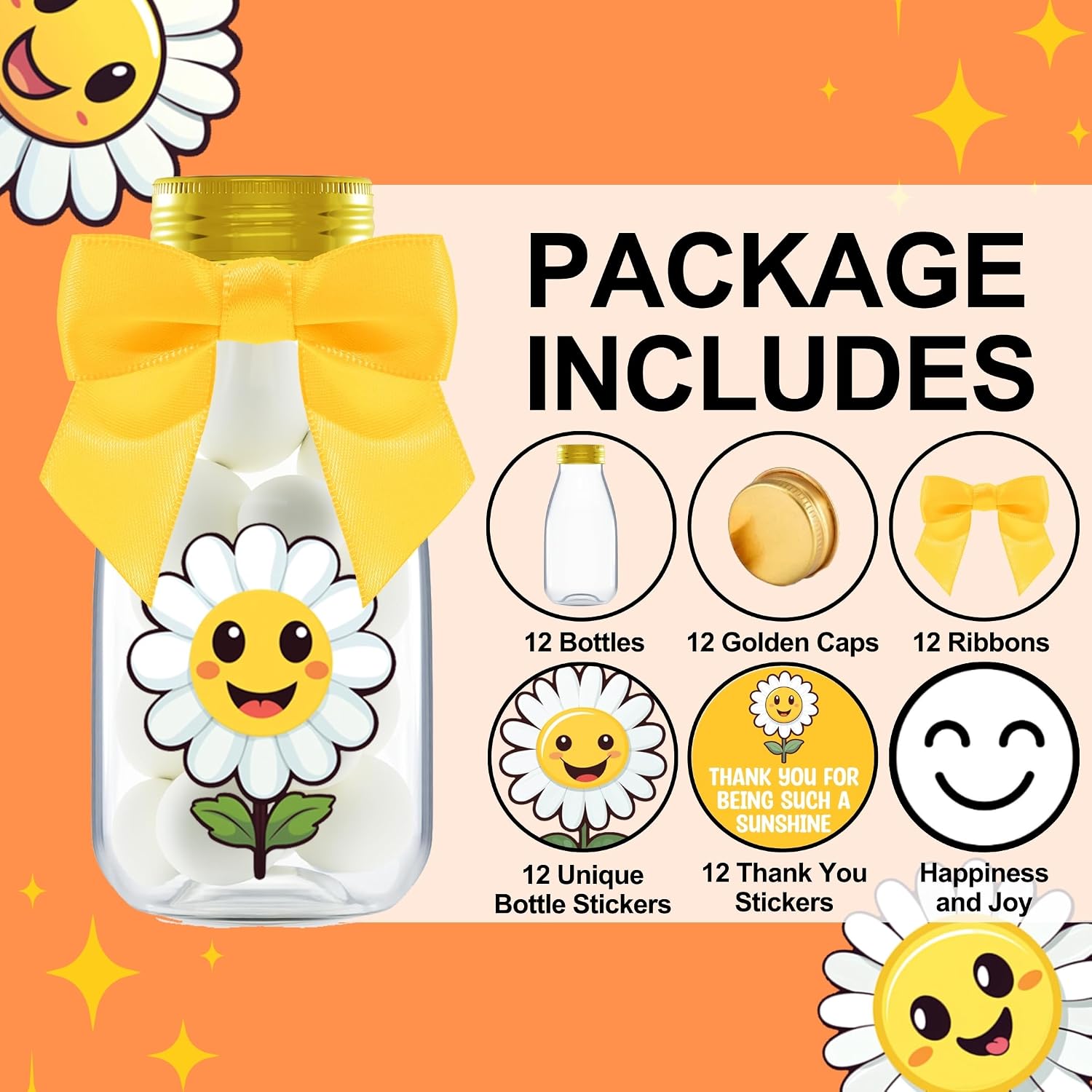 Ethisa Small 12 Pack Daisy Party Favors - DIY Candy Jars with Ribbons and Stickers - Party Decoration Bottles for Birthday, School Classroom and Baby Shower - Flower Table Centerpiece Gifts for Kids