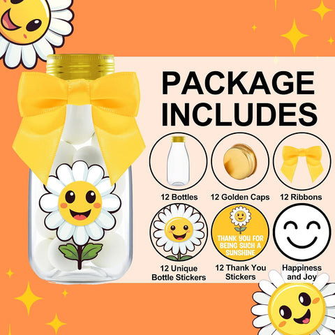Ethisa Small 12 Pack Daisy Party Favors - DIY Candy Jars with Ribbons and Stickers - Party Decoration Bottles for Birthday, School Classroom and Baby Shower - Flower Table Centerpiece Gifts for Kids