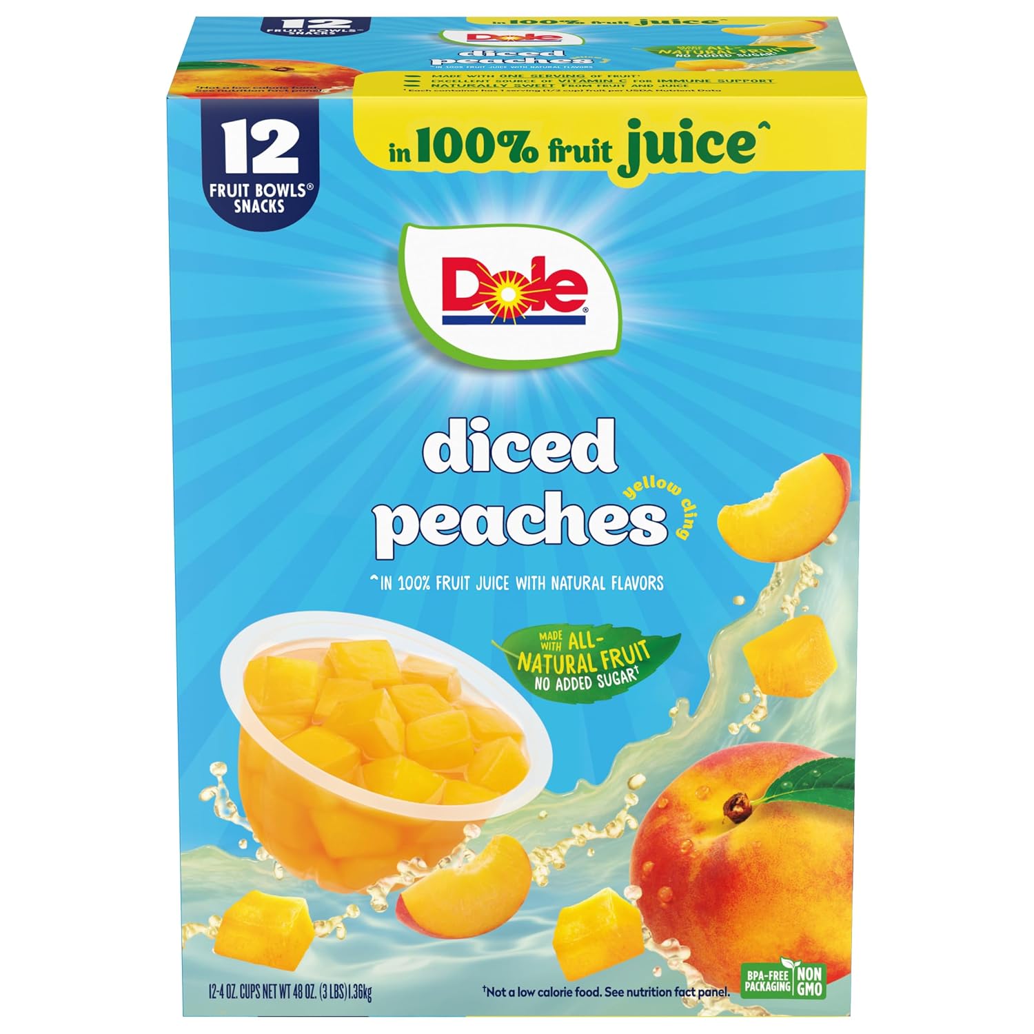 Dole Fruit Bowls Diced Peaches in 100% Juice Snacks, 4oz 36 Total Cups, Gluten & Dairy Free, Bulk Lunch Snacks for Kids & Adults | In 100% Juice Snacks, Gluten & Dairy Free, Bulk Lunch Snacks for Kids & Adults