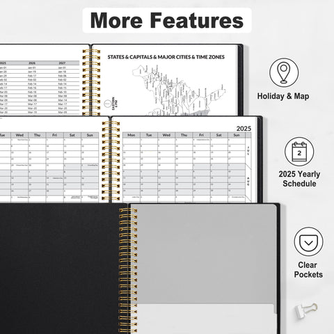 SUNEE 2025 Weekly and Monthly Planner - from January 2025 - December 2025, 8.5"x11" Daily Agenda Planner with Monthly Tab, Flexible Cover, Note Pages, Pockets, Bookmark, Spiral Binding, Black