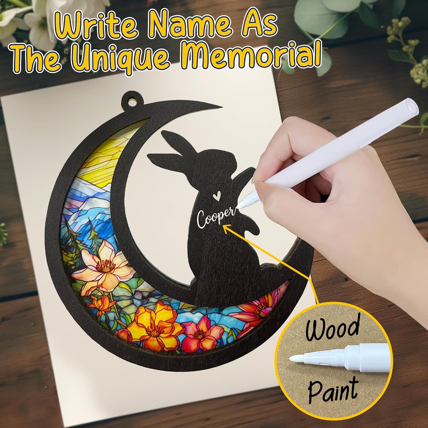 Rabbit Memorial Suncatcher, Personalized Bunny Remembrance Gift with Name & Date, Pet Loss Sympathy Keepsake, Bereavement Gift, Hanging Window or Car Decor