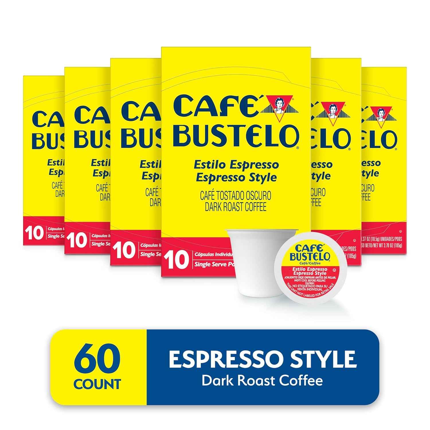 Café Bustelo Espresso Style Dark Roast Coffee Pods, 60 Count | 6 boxes of 10 pods each, Compatible with Keurig brewers (Not affiliated. See full product description), Bold Latin taste