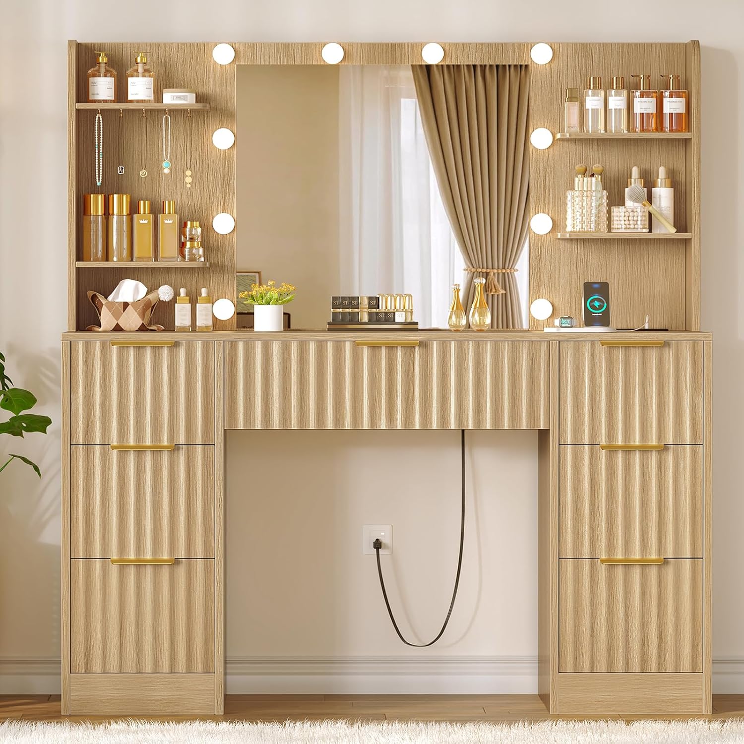 Quimoo Fluted Vanity Desk with Mirror and Adjustable LED Lights & Power Outlet, Makeup Vanity Desk with 7 Drawers,4 Shelves and 5 Hooks, Vanity for Girls, Natural Oak