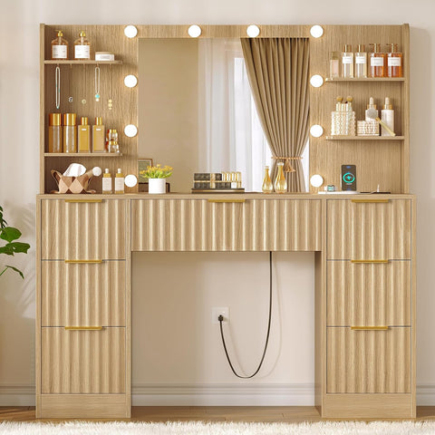 Quimoo Fluted Vanity Desk with Mirror and Adjustable LED Lights & Power Outlet, Makeup Vanity Desk with 7 Drawers,4 Shelves and 5 Hooks, Vanity for Girls, Natural Oak