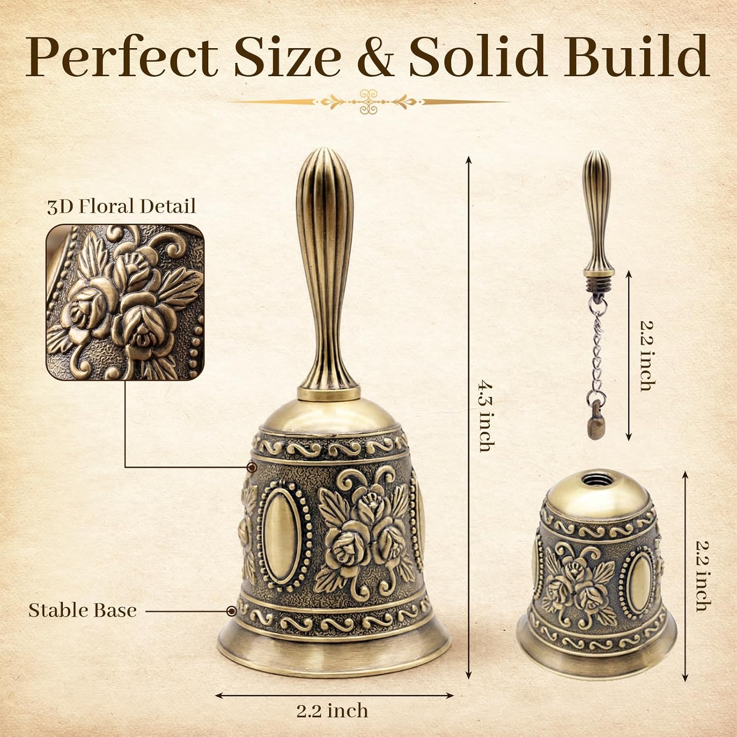 DomeStar Vintage Brass Hand Bell – Loud Call Bell for Bedside, Dinner, Wedding, Christmas & Holiday Party