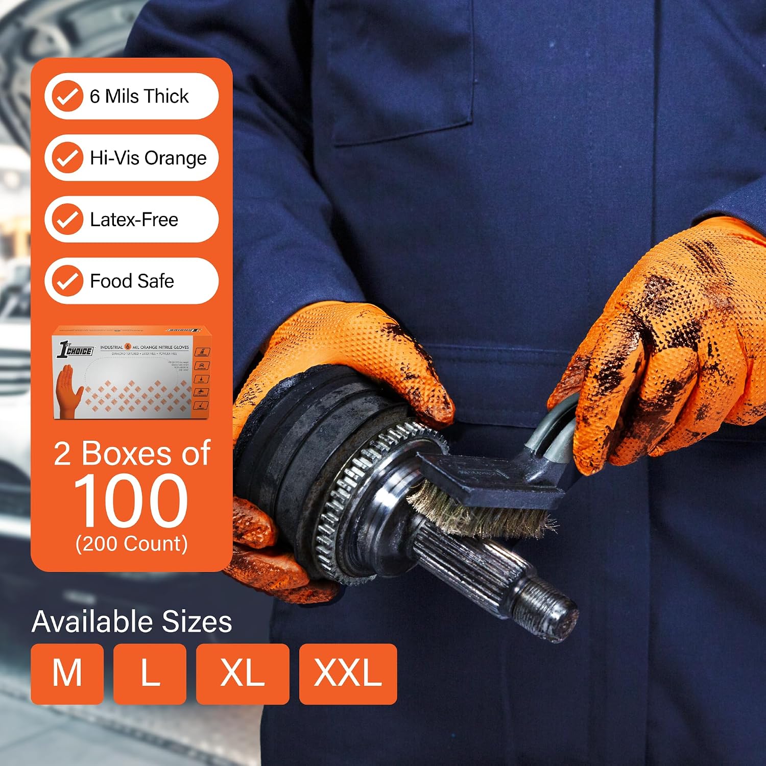 1st Choice Orange 6 mil Nitrile Disposable Gloves Diamond Grip XXL 200