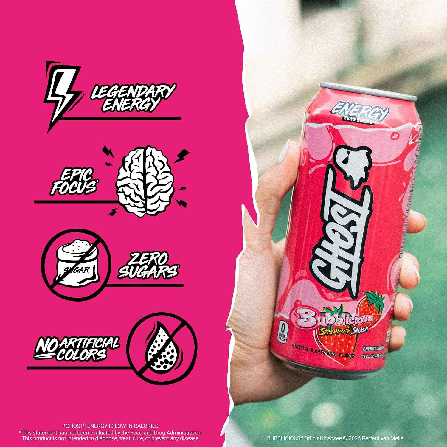 GHOST Energy Drink, Zero Sugars, 12-Pack - Bubblicious Strawberry Splash