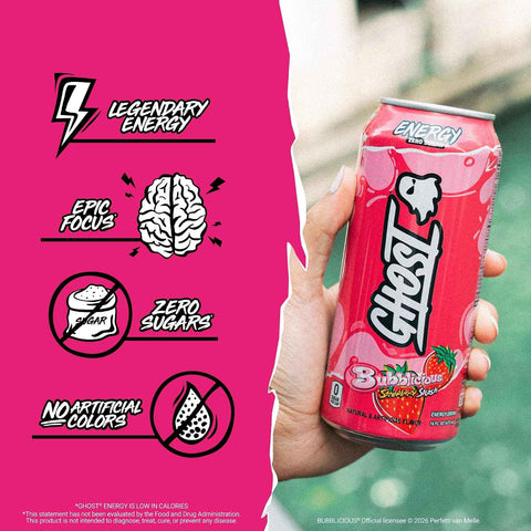 GHOST Energy Drink, Zero Sugars, 12-Pack - Bubblicious Strawberry Splash