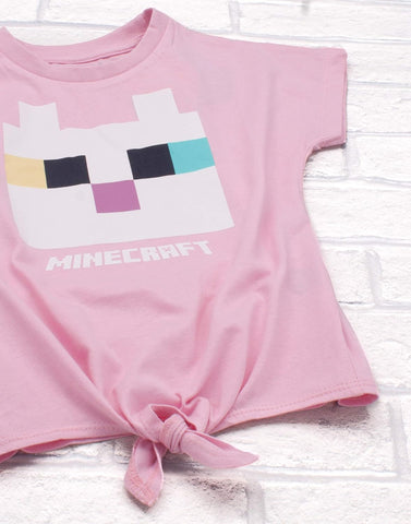Minecraft T Shirt for Girls | Kids Kitty Front Character Tie Pink Gamer Tee | Childrens Clothing Gaming Merchandise Gifts