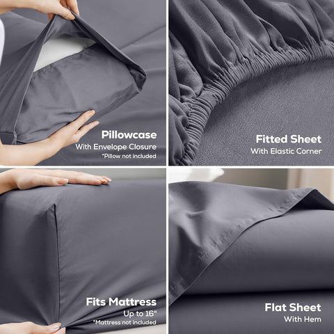 Queen Sheets Set, 4 Pieces 16" Deep Pocket Hotel Luxury Bed Sheets, Grey