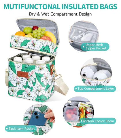 PIIOSER Breastmilk Cooler Bag with Ice Pack, Fits 6 Baby Bottles Up to 9 Oz, Stylish Baby Cooler Travel Bags with Shoulder Strap, Double Layer & Leakproof for Nursing & Working Moms Daycare, Floral