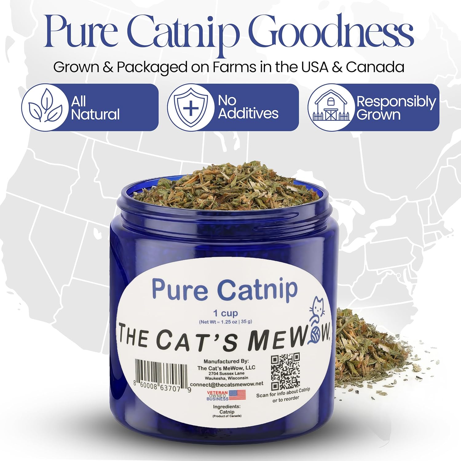 The Cat's MeWow 100% Pure Catnip – North American Grown – Strong Aroma for Play & Enrichment – Resealable Freshness Jar – Veteran-Owned Brand