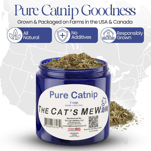 The Cat's MeWow 100% Pure Catnip – North American Grown – Strong Aroma for Play & Enrichment – Resealable Freshness Jar – Veteran-Owned Brand