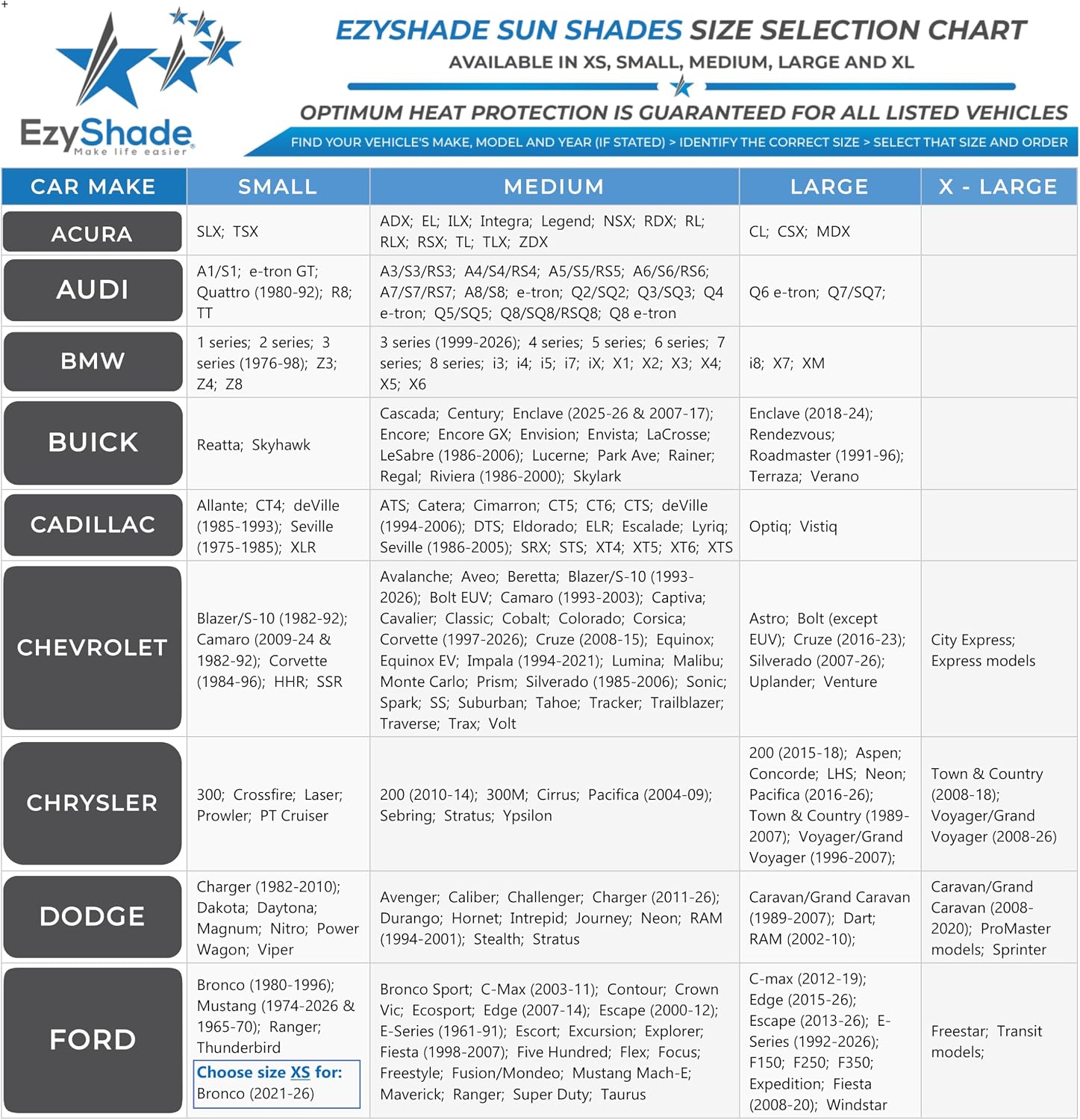 EzyShade Car Windshield Sun Shade. See Vehicle Size-Chart. Medium (M) Size